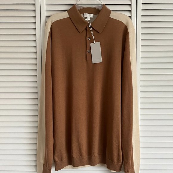 NEW with tags COS knit long sleeve polo shirt brown & beige men’s small rare - Picture 1 of 16